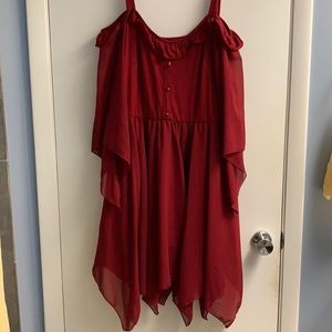 Red shoulderless fairy or witch dress w flared wide sleeves, ruffled collar